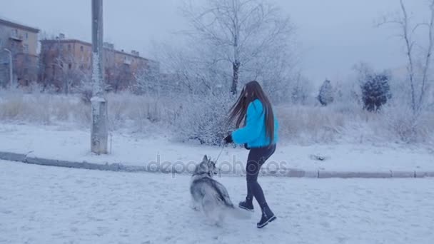 Dziewczyna z psem, bieganie w parku. — Wideo stockowe