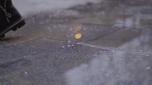 Pieds féminins passés à travers les flaques . — Video