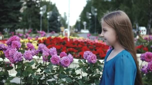Uma menina com cabelos longos em um vestido azul está andando ao longo do parque da cidade . — Vídeo de Stock