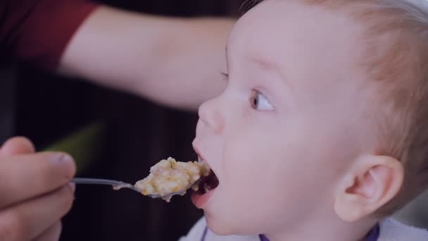 Vater füttert kleinen Sohn mit Haferbrei. — Stockvideo