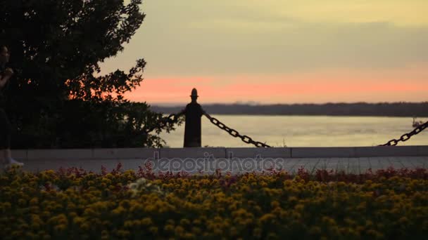 A woman in sports clothes makes an evening run along the river embankment. — Stock Video