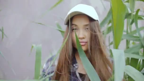 Een jonge vrouw in een baseballcap, met lange haren draagkracht in het midden van een hoog riet. — Stockvideo