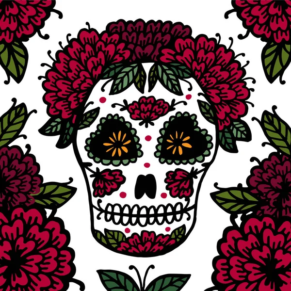 Colorido Cráneo Mexicano Con Flores Sobre Fondo Blanco — Vector de stock