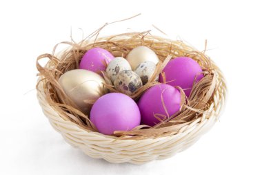 Beyaz arka planda bir yuvada Paskalya için renkli yumurtalar