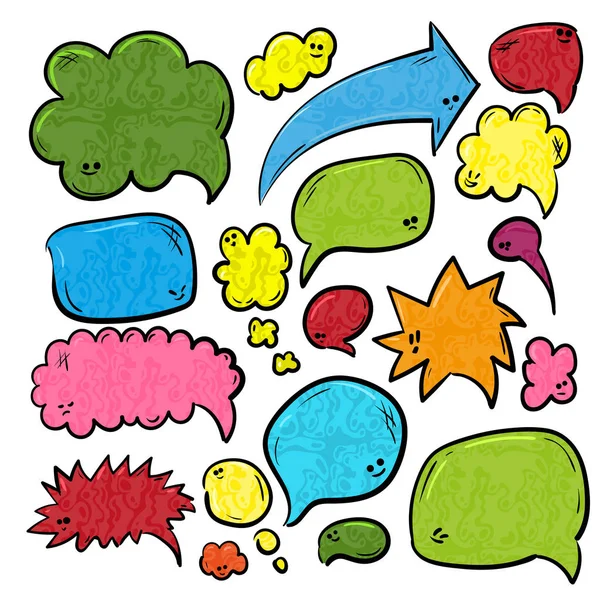 Konuşma ya da düşünce baloncuklar farklı şekil ve büyüklükte. Elle çizilmiş karikatür doodle vektör çizim komik yüzü olan