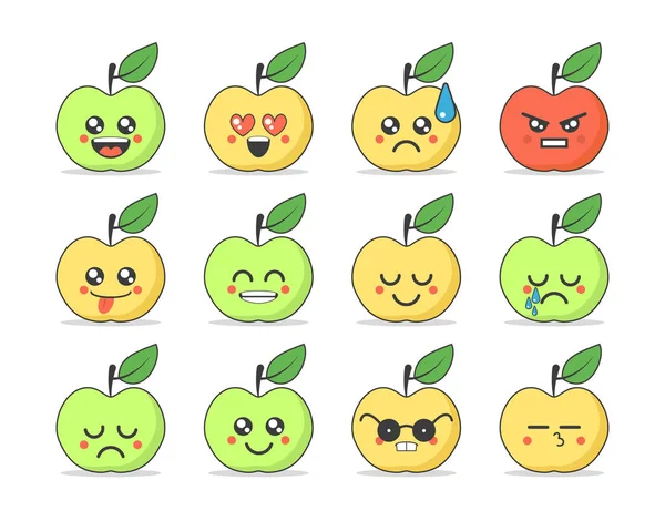 Conjunto de emoticons planas: bonito maçã dos desenhos animados com emoções diferentes . Ilustrações De Stock Royalty-Free