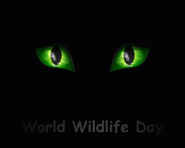Vert dangereux yeux de chat sauvage sur fond noir. Illustration vectorielle. Journée mondiale de la faune — Image vectorielle