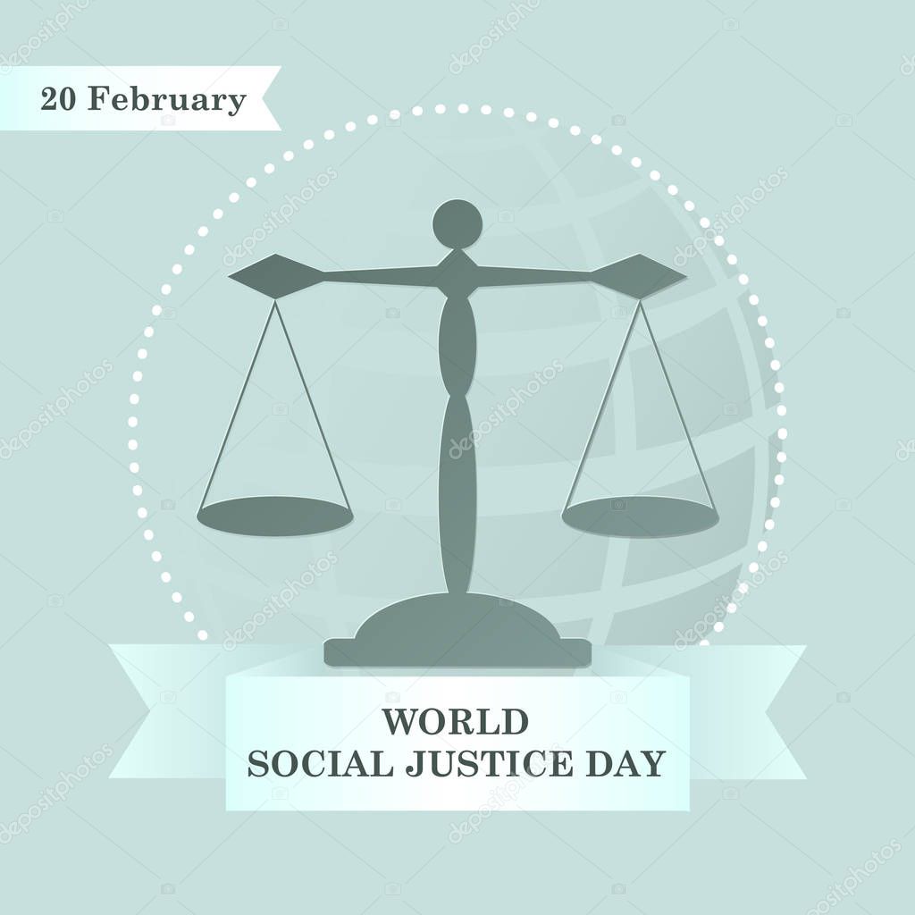 World Social Justice Day, lawyer scales and ribbon or law service logo, emblem, attorney at law sign. vector illustration