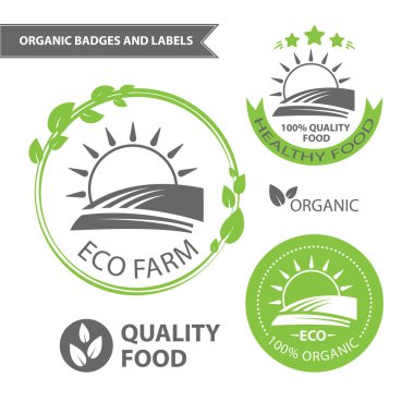 Vektör Eko çiftlik ve doğal gıda ayarlayın. Organik rozet ve etiketleri