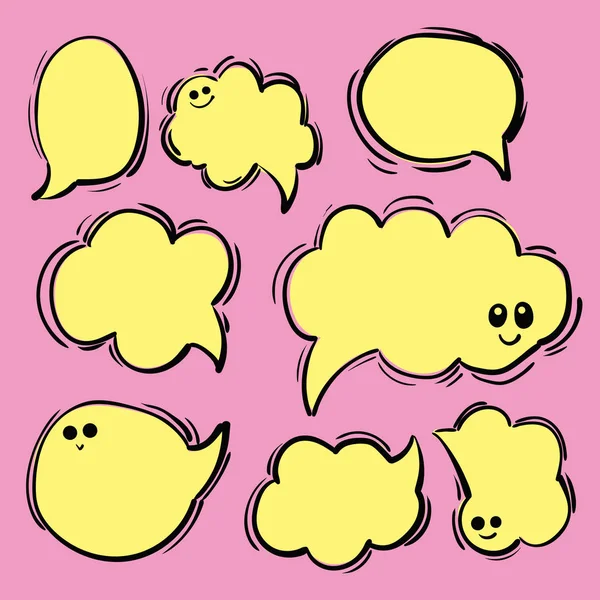 Konuşma ya da düşünce baloncuklar farklı şekil ve büyüklükte. Elle çizilmiş karikatür doodle vektör çizim komik yüzü olan