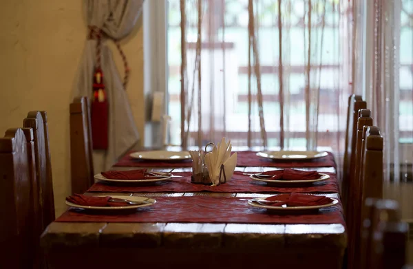 Restaurant Empty Restaurant Table Setting Prepare Banquet Festive Table Long — Stock Photo, Image