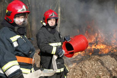 Beyaz Rusya, Gomel şehir. Yangın söndürme, orman 06.04.2017.Firefighters orman yangını söndürmek hazırlanıyor. Yangın söndürmek. İtfaiye eri iş. Ateşle savaşmak. Tehlikeli bir meslek