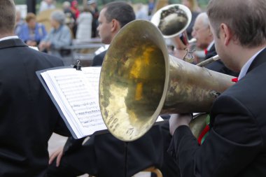 Beyaz Rusya, Gomel, 3 Temmuz 2017 Bağımsızlık günü Rusya, Şehir Parkı, müzisyen trompet çalar. Trompet üzerinde oynamak.