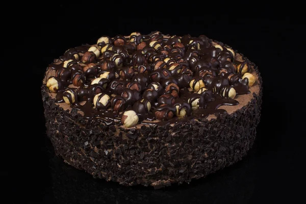 Chocolate Cake Hazelnuts White Cream Black Background Closeup — Stock Photo, Image