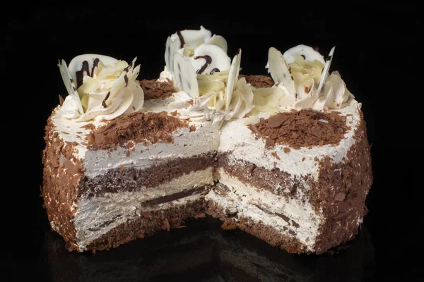 Piece White Cake Poured Chocolate Decorated Oil Cream Black Background — Stock Photo, Image