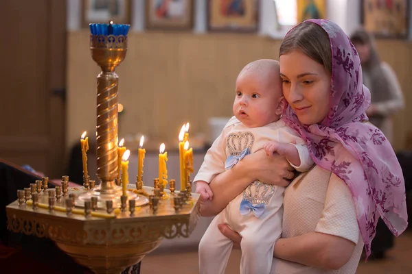 Belarus Gomel February 2018 Church Birches Baptism Child Mother Child — Stock Photo, Image