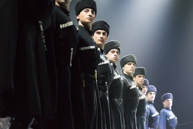 Beyaz Rusya, Gomel, 27 Şubat 2018. Konser Salonu. Konuşma ulusal Gürcü bale Sukhishvili.Georgian dansçıların dans performans