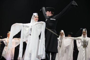Beyaz Rusya, Gomel, 27 Şubat 2018. Konser salonu. Konuşma ulusal Gürcü bale Sukhishvili.Georgian erkek ve kadın dansçılar gerçekleştirmek ulusal dans