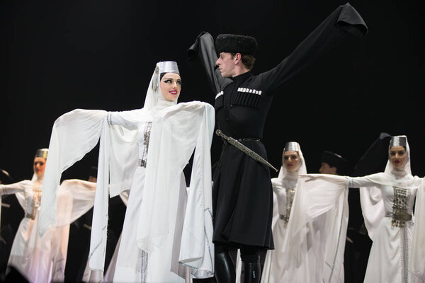 Belarus, Gomel, February 27, 2018. Concert hall. Speech of the national Georgian ballet Sukhishvili.Georgian male and female dancers perform national dance