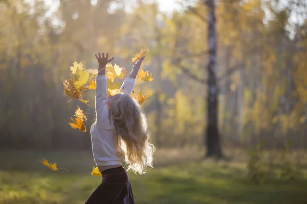 Una Chica Parque Otoño Dispersa Hojas Arce Niño Paseo Otoño —  Fotos de Stock