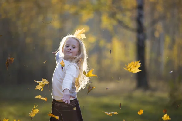 Ein Mädchen Herbstpark Streut Ahornblätter Ein Kind Auf Einem Spaziergang — Stockfoto