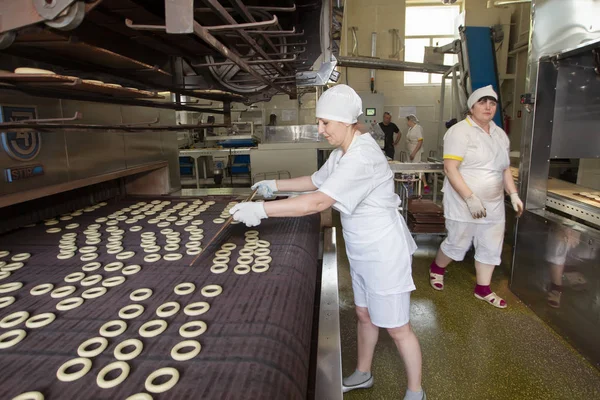 Belarus, Gomil şehri, 25 Nisan 2019. Fırın. İşyerindeki fırında çalışanlar. Fırın üretimi.