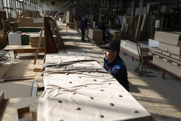 Belarus City Gomil April 2019 Wood Processing Plant Worker Furniture — Stock Photo, Image