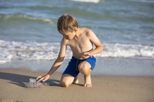 Chłopiec Plaży Bawi Się Meduzą Dziecko Odpoczywające Plaży — Zdjęcie stockowe