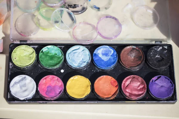 Multi Colored Watercolor Paints Palette Different Colors Face Painting — Stock Photo, Image