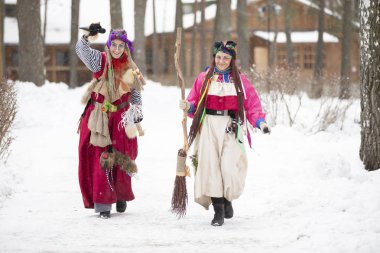 Belarus. Gomel şehri. 24 Aralık 2012. Park.Rus cadılar Baba Yaga kış ormanında