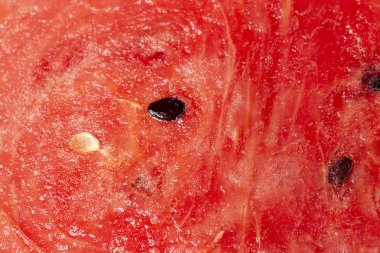 Karpuz dokusu yakın plan. Çekirdekli kırmızı karpuz posası..