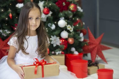 Noel hediyesi olan güzel bir çocuk. Yılbaşı ağacında giyinmiş bir kız. Noel kutusuyla Hintli bir çocuk.
