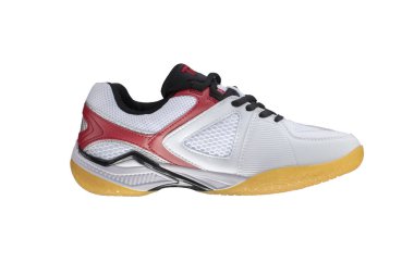 Beyaz arka planda kırmızı çizgili beyaz spor ayakkabılar. Spor ayakkabılar..