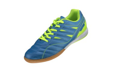 Beyaz arka planda yeşil çizgili mavi spor ayakkabı. Spor ayakkabılar..