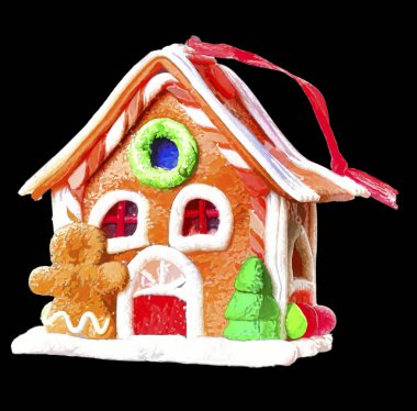 Beyaz arka planda zencefilli kurabiye adam ve Noel ağacı olan bir oyuncak ev hayal et. Yeni yıl hatırası..