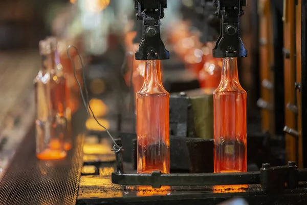 Glassworks Glass Industry Process Making Glass Bottles Molten Hot Glass — Stock Photo, Image