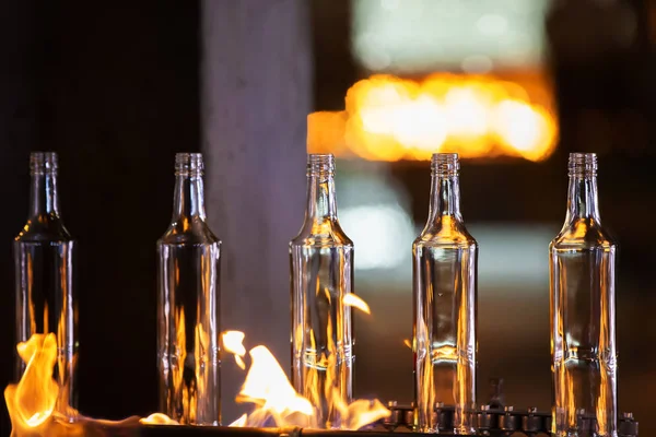 Glassworks Glass Industry Making Glass Bottles Hot Bottle Blanks Flame — Stock Photo, Image