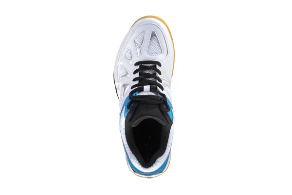 Beyaz Arka Plan Görünümlü Mavi Çizgili Beyaz Spor Ayakkabı — Stok fotoğraf