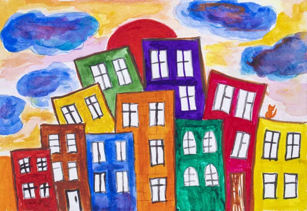Creativity Children Drawing Colorful City Houses Fairytale Street — Stock Photo, Image
