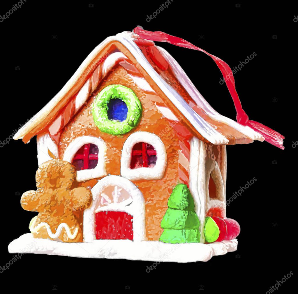 Figure Christmas toy house with a gingerbread man and a Christmas tree on a white background. New Year's souvenir.