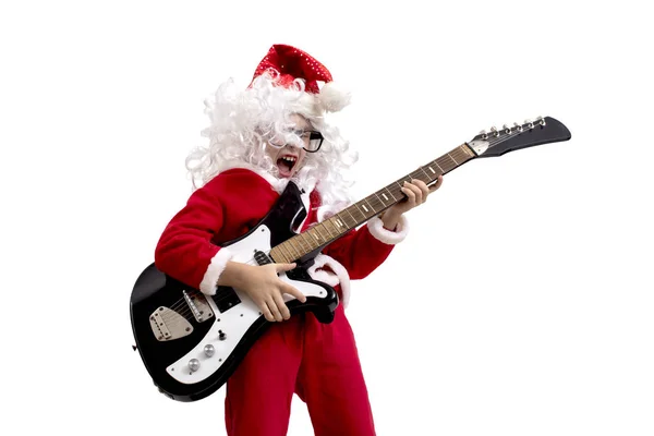 Boy Dressed Santa Claus Guitar White Background — Stock Photo, Image