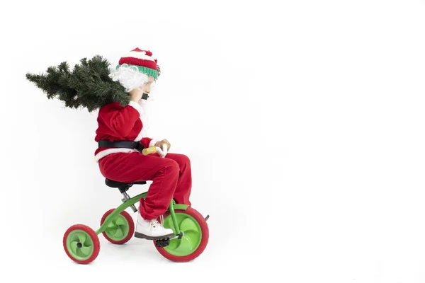 Papai Noel Numa Bicicleta Conceito Natal Criança Natal — Fotografia de Stock