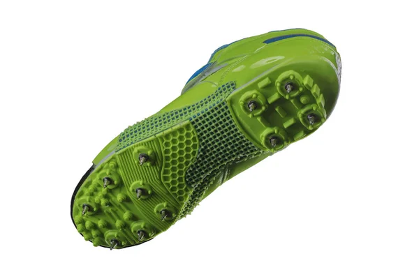 绿色鞋底 白色背景上有刺的运动鞋 运动鞋 — 图库照片