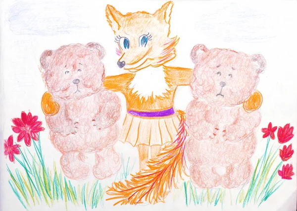 Pencil drawing of a fox and a bear from a fairy tale. Children\'s drawing animals.