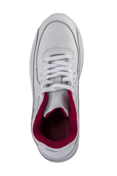 Sapatos Desportivos Sapatilha Branca Com Uma Inserção Vermelha Fundo Branco — Fotografia de Stock