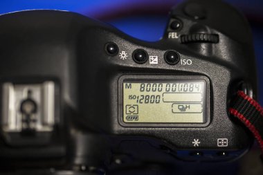 Belarus, Gomil şehri, 19 Aralık 2019. Canon Mark IV kamerası. Kamera ayarlı ekran.