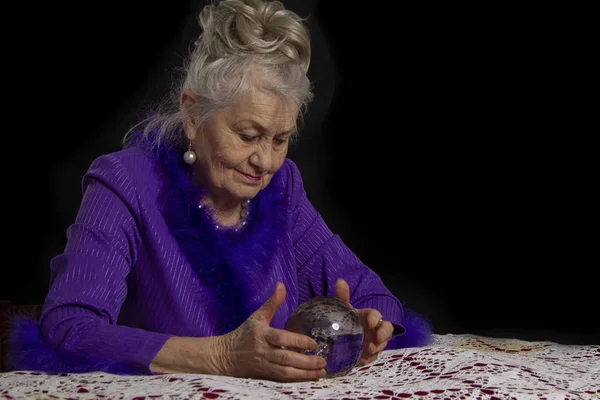 Elderly Female Magician Glass Ball Fortuneteller Work — 스톡 사진