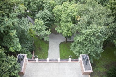 Parkın en üst manzarası. Yeşil ağaçlar ve asfalt yollar.