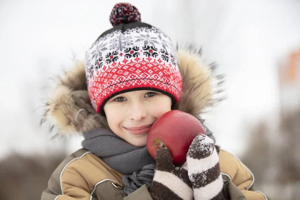 Child Winter Beautiful Fruit Boy Warm Clothes Red Apple — 스톡 사진