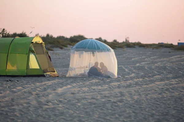 Relax Beach Tent Coast Silhouettes People Tent — Stock Photo, Image